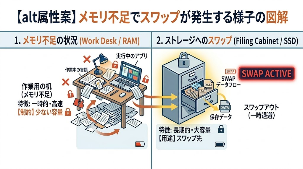 メモリ不足でスワップが発生する様子の図解