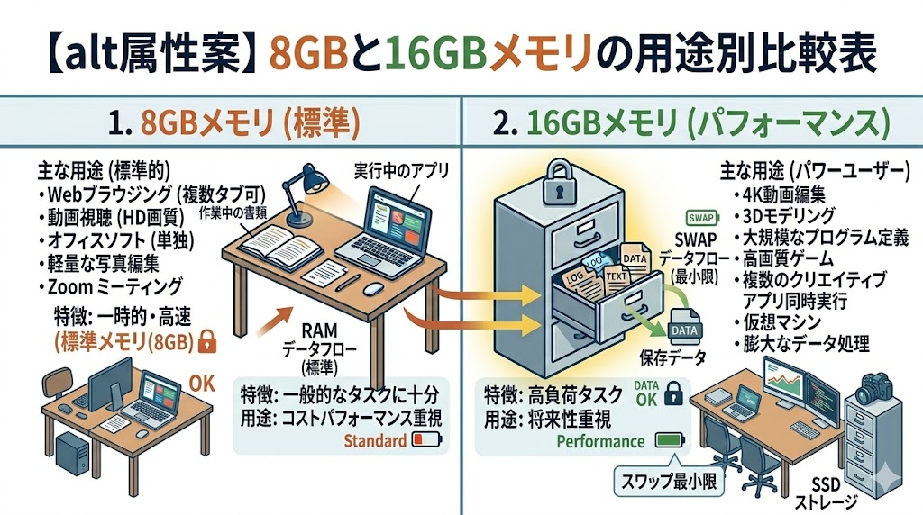 8GBと16GBメモリの用途別比較表
