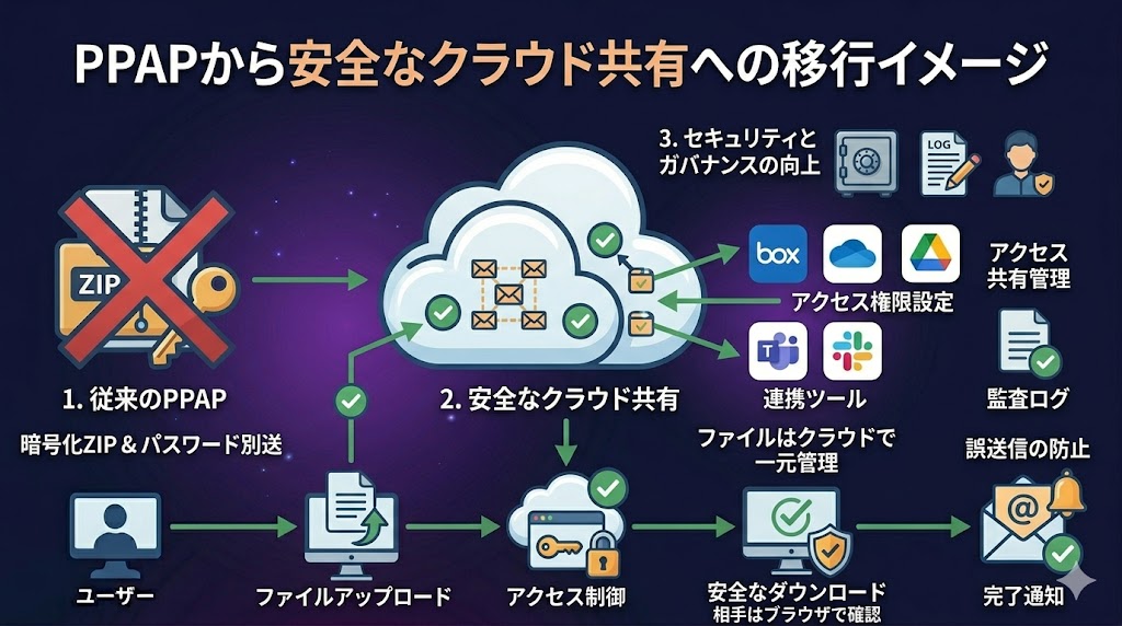 PPAPから安全なクラウド共有への移行イメージ
