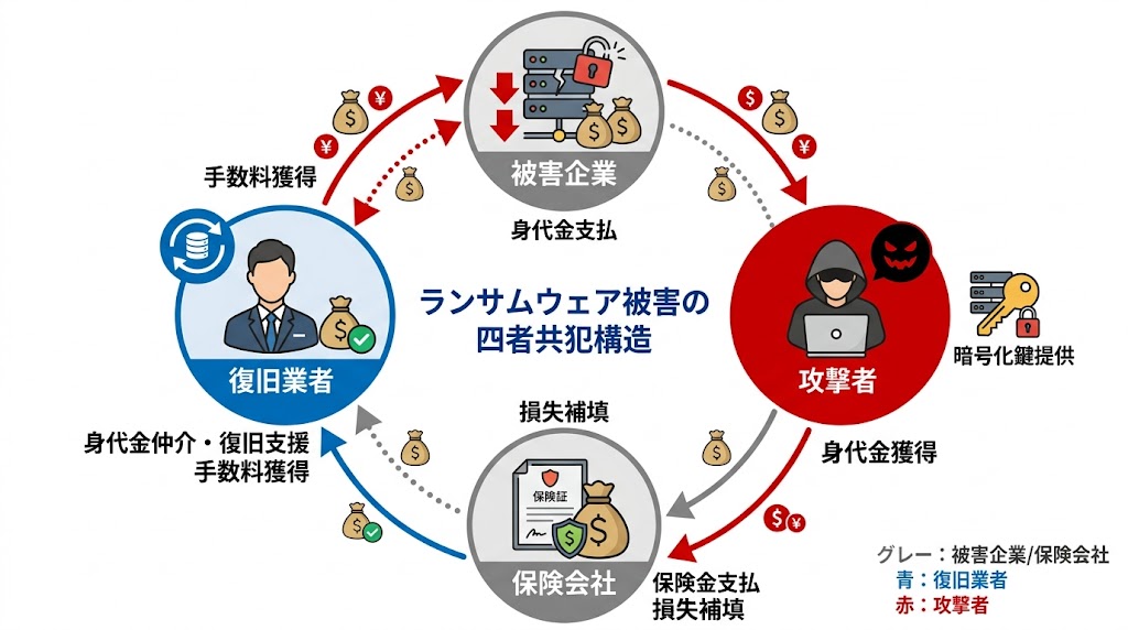 ランサムウェア被害の四者共犯構造インフォグラフィック