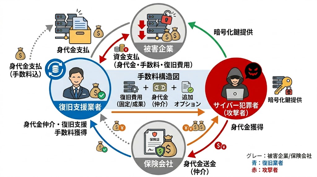 復旧支援業者を経由した身代金の流れ図解