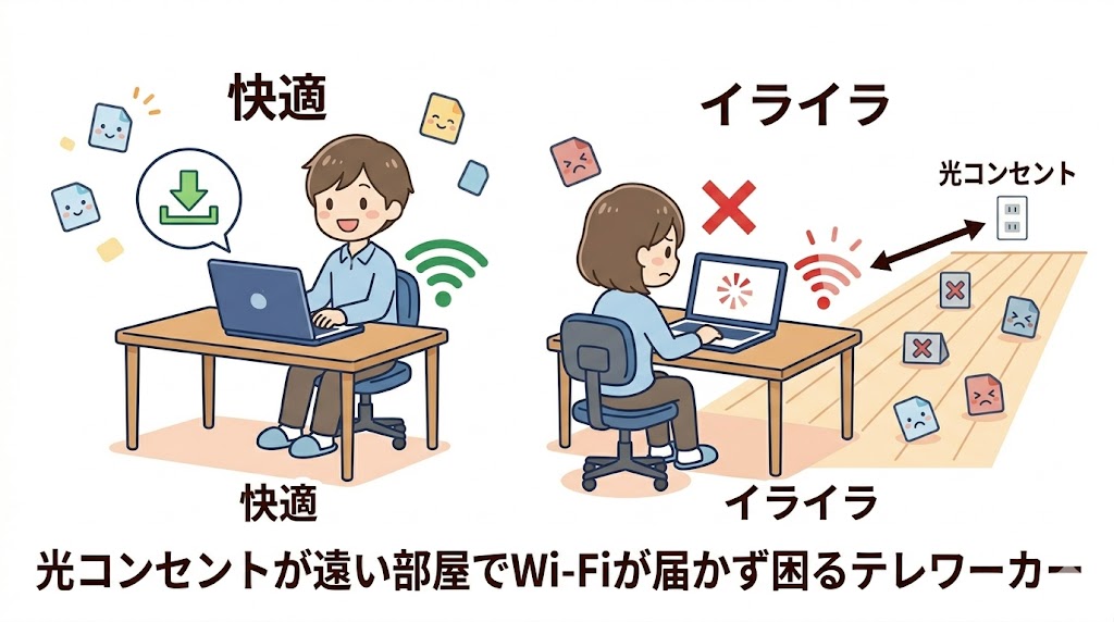 光コンセントが遠い部屋でWi-Fiが届かず困るテレワーカーの図解
