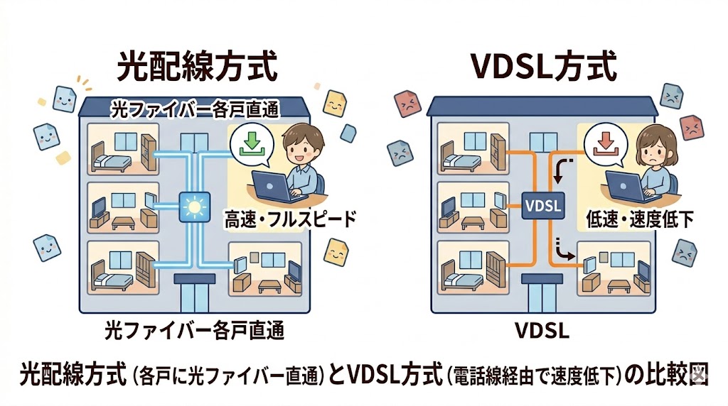 光配線方式（各戸に光ファイバー直通）とVDSL方式（電話線経由で速度低下）の比較図
