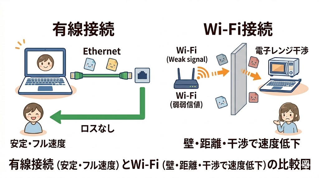 有線接続（安定・フル速度）とWi-Fi（壁・距離・干渉で速度低下）の比較図
