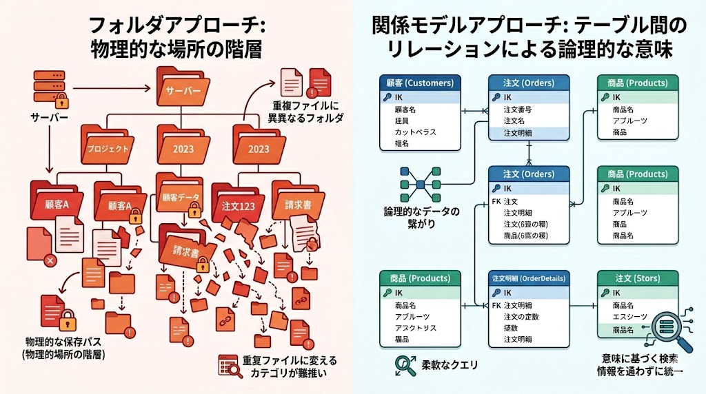 フォルダ思考（物理的場所）と関係モデル（論理的意味）の設計比較
