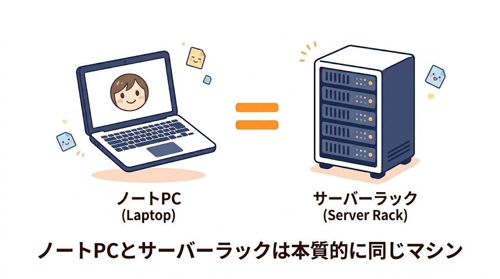 ノートPCとサーバーラックが本質的に同じマシンであることを示す図解
