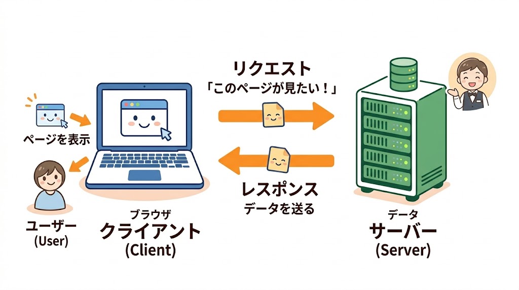 クライアント（注文する側）とサーバー（届ける側）の関係図
