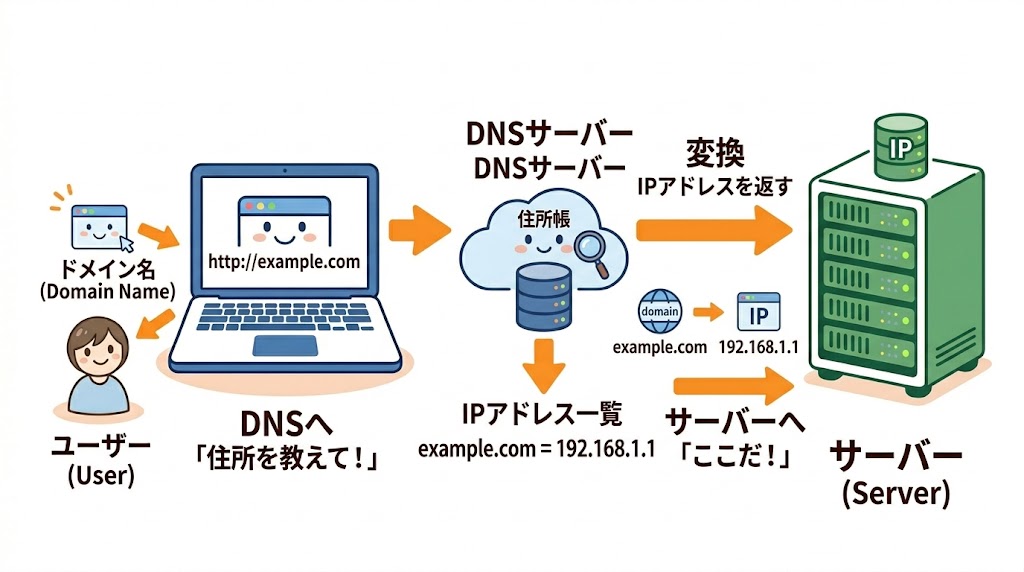 ドメイン名がDNSでIPアドレスに変換され特定サーバーに繋がる仕組み
