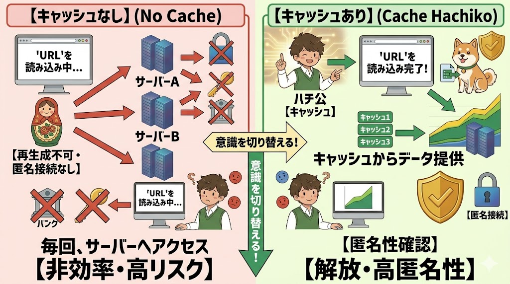ブラウザのキャッシュをハチ公に例えたイラスト
