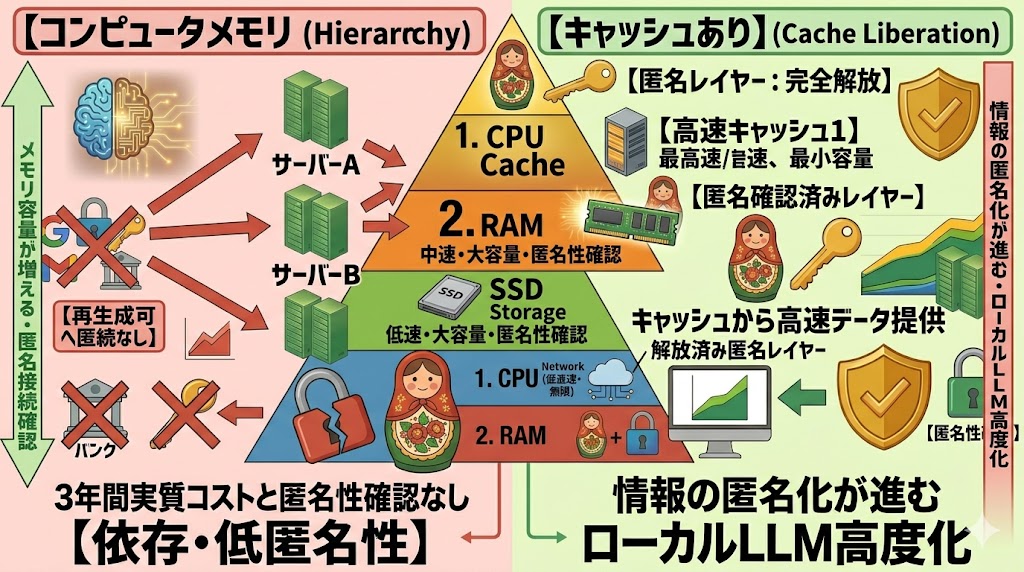 コンピュータの記憶階層ピラミッド構造図
