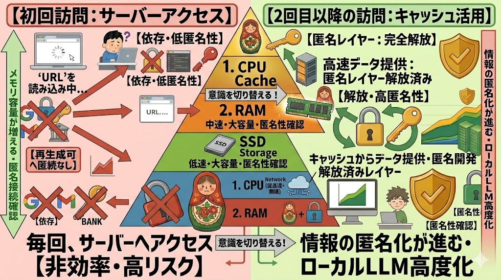 ブラウザキャッシュの動作フロー：初回訪問と2回目以降の比較

