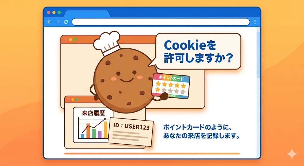 Cookieの許可通知とポイントカードの比喩を示す図解
