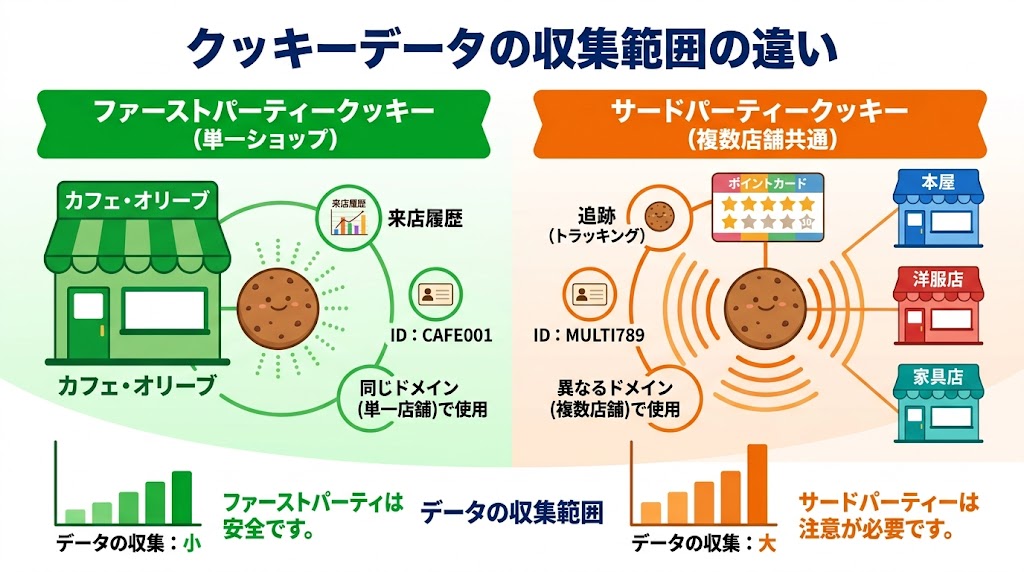 ファーストパーティークッキー（単店）とサードパーティークッキー（複数店舗共通）の比較図
