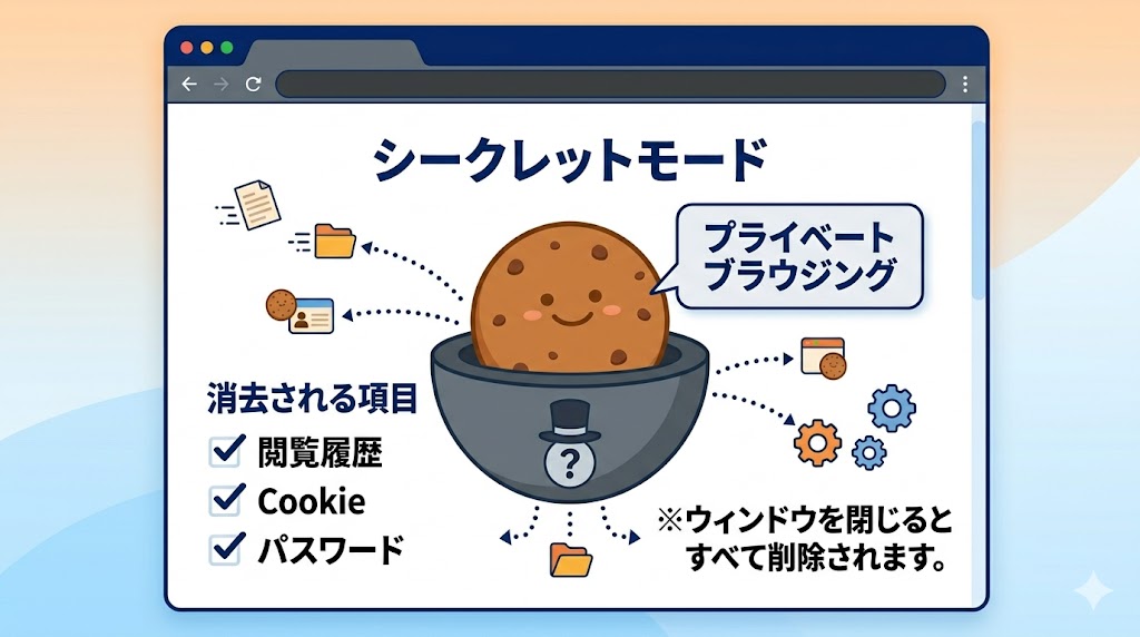 シークレットモードで履歴・Cookie・パスワードが消去されることを示す図解