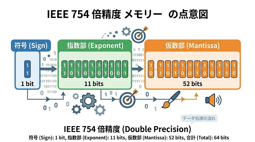 IEEE 754倍精度浮動小数点数の64bit構造図
