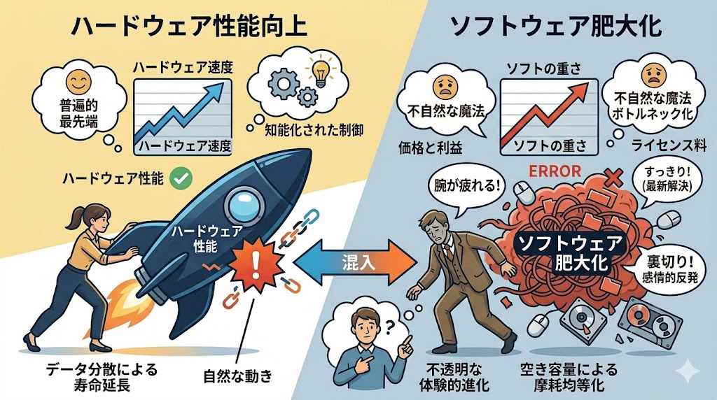 ヴィルトの法則：ハード性能向上をソフト肥大化が上回るグラフ
