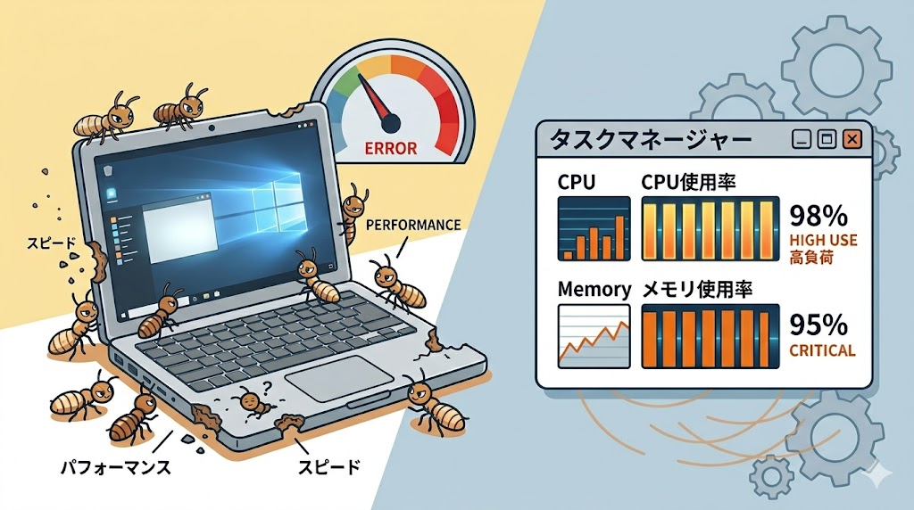 PCが重くなる原因を寄生虫に例えたイラスト
