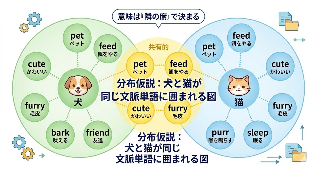 分布仮説：犬と猫が同じ文脈単語に囲まれる図

