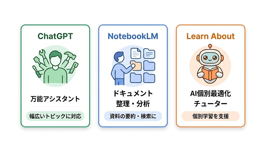 ChatGPT・NotebookLM・Learn Aboutの役割と使い分け比較
