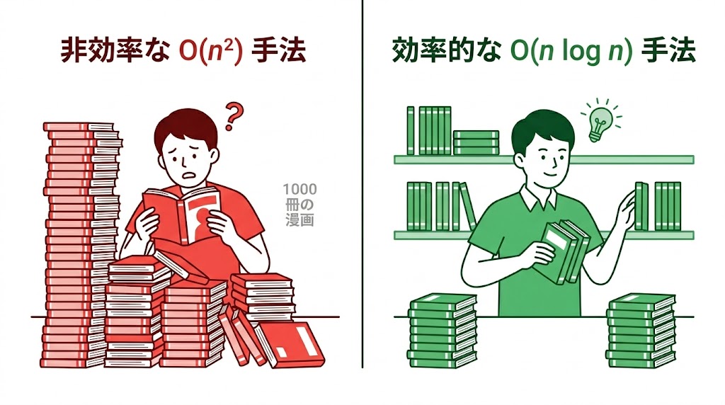 1000巻の漫画を1冊ずつ探す(O(n²))と分割して効率化(O(n log n))の比較図