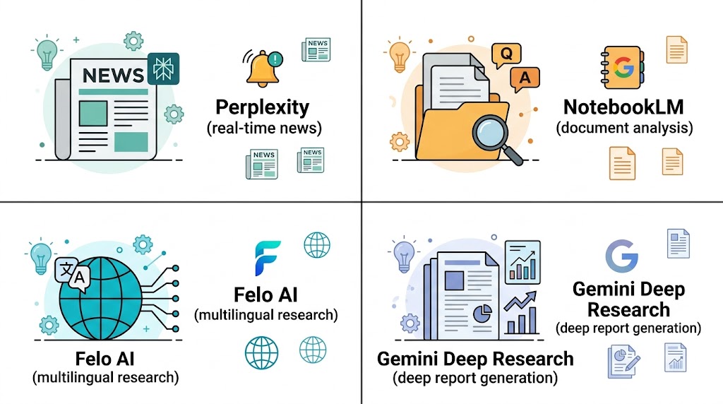Perplexity・NotebookLM・Felo AI・Gemini Deep Researchの用途別使い分け