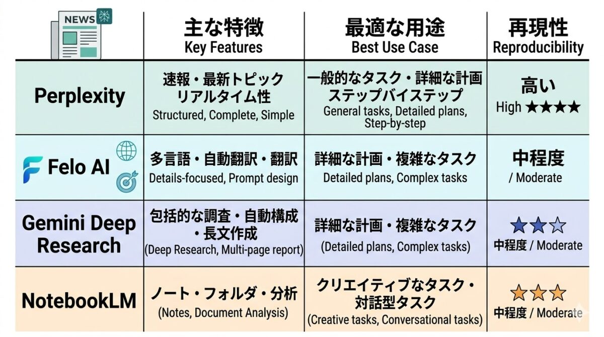 Perplexity・Felo AI・Gemini Deep Research・NotebookLMの機能比較表