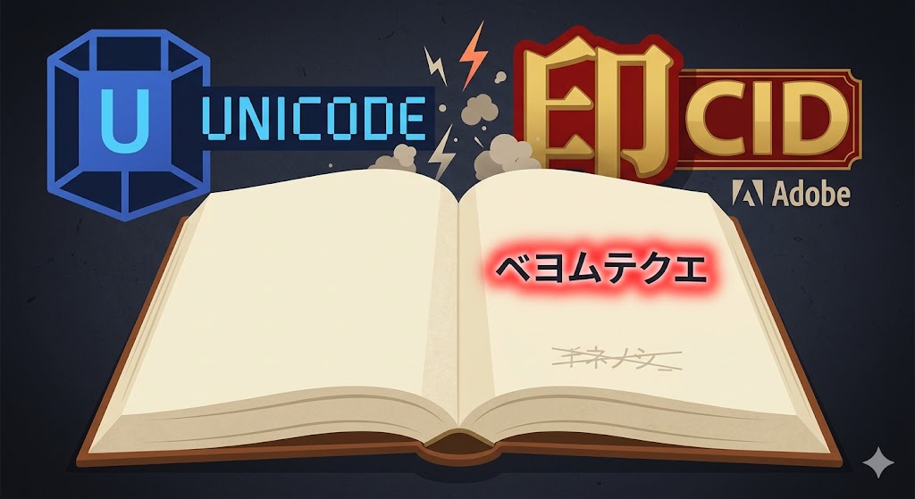 「ベヨムテクエ」という文字化けが起きた本とUnicode・CIDの衝突を示す図解