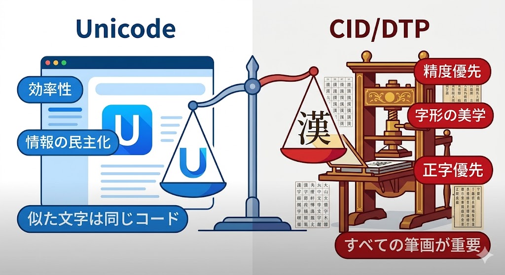 Unicode(情報の民主化・効率優先)とCID(字形の美学・正字優先)の思想的対立図