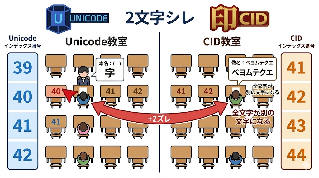 UnicodeのインデックスがCIDで「2つずれる」ことで全文字が別の文字になる仕組み