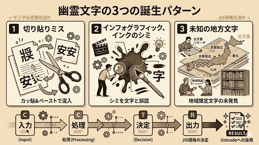 幽霊文字の3つの誕生パターン（切り貼りミス・汚れ・地方独自文字）の図解
