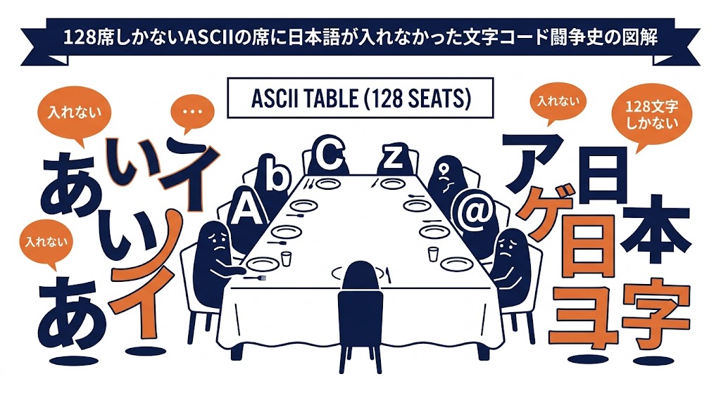 128席しかないASCIIの席に日本語が入れなかった文字コード闘争史の図解
