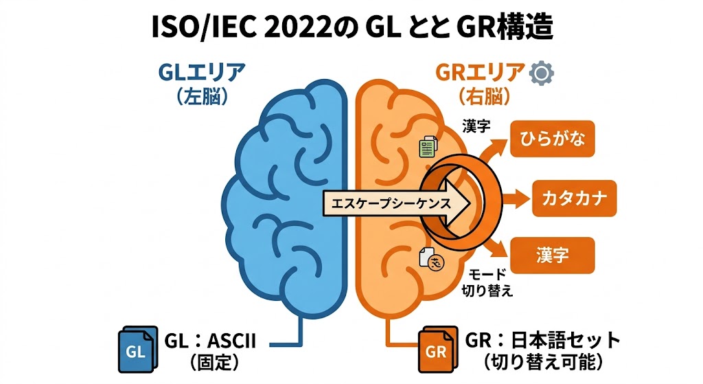 ISO IEC 2022のGL（左脳・固定）とGR（右脳・切り替え可能）の構造図