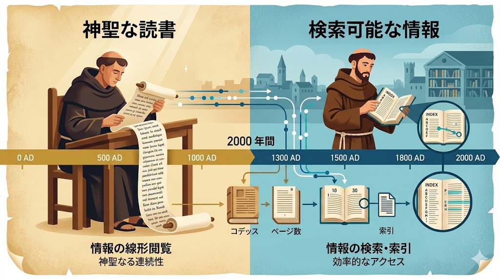 巻物を読む修道士から索引付き本を持つ托鉢修道士へ、2000年間の情報検索の進化図
