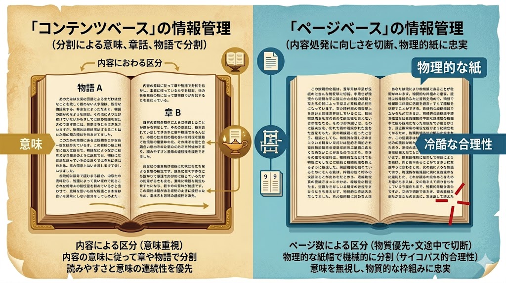 内容による区分（意味重視）とページ数による区分（物質優先・文途中で切断）の比較図
