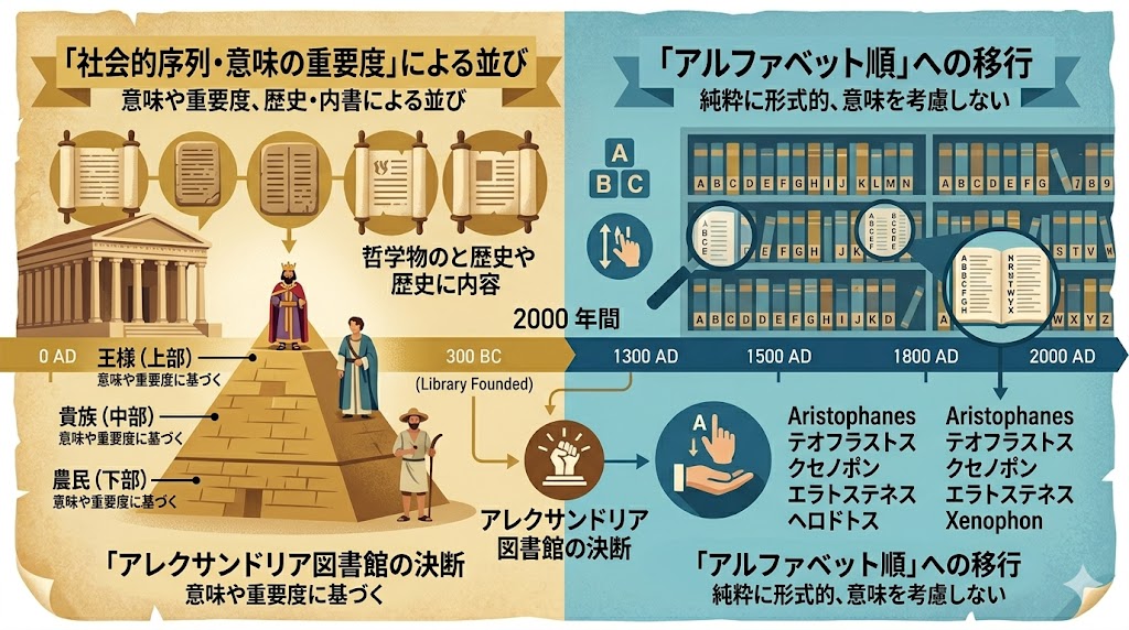 社会的序列・意味の重要度による並びからアルファベット順（形式優先）への移行図
