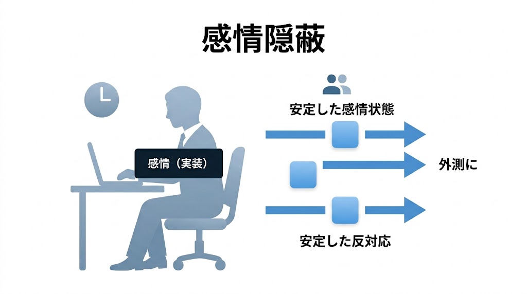 内部の感情(実装)を隠し外側から安定したレスポンスだけを返す情報隠蔽の図解