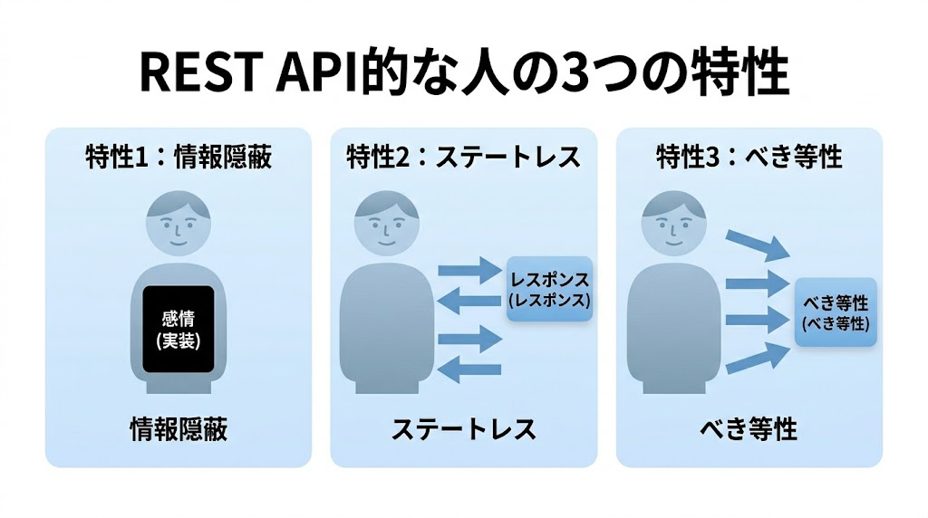 REST API的な人の3つの特性:情報隠蔽・ステートレス・べき等性の図解
