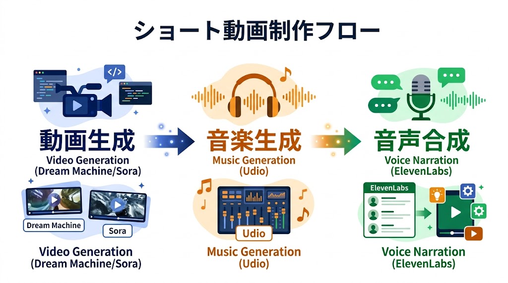 動画生成→音楽生成→音声合成の3ステップ実務ワークフロー

