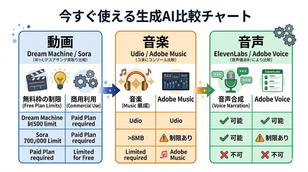 動画・音楽・音声の生成AIツール別無料枠と商用利用可否の比較表

