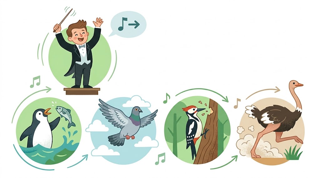 ポリモーフィズムの概念を表す鳥たちのイラスト
