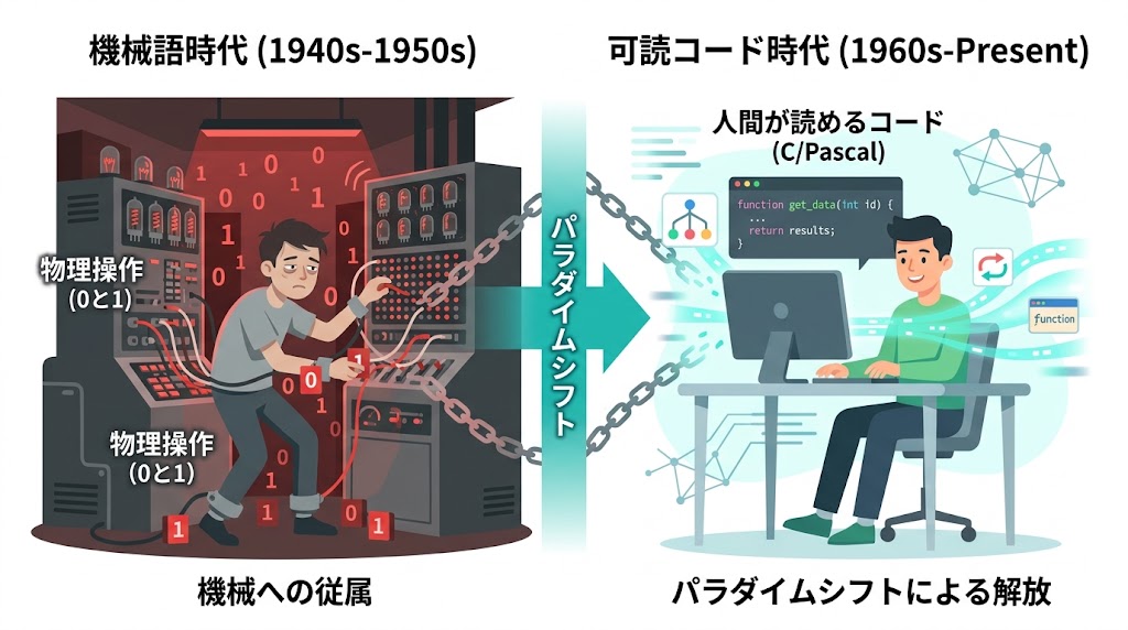 0と1を直接操作する機械語時代から人間が読めるコードへのパラダイムシフト図