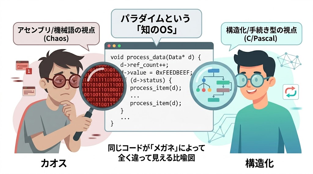 同じコードが異なるパラダイムの「メガネ」によって全く違って見える比喩図