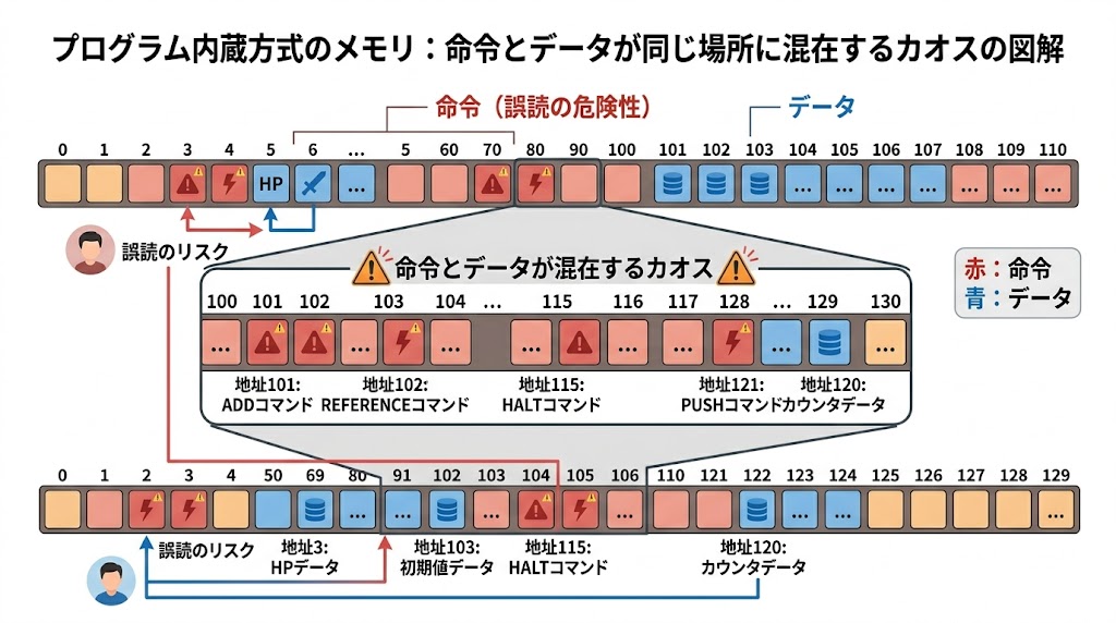 プログラム内蔵方式のメモリ:命令とデータが同じ場所に混在するカオスの図解