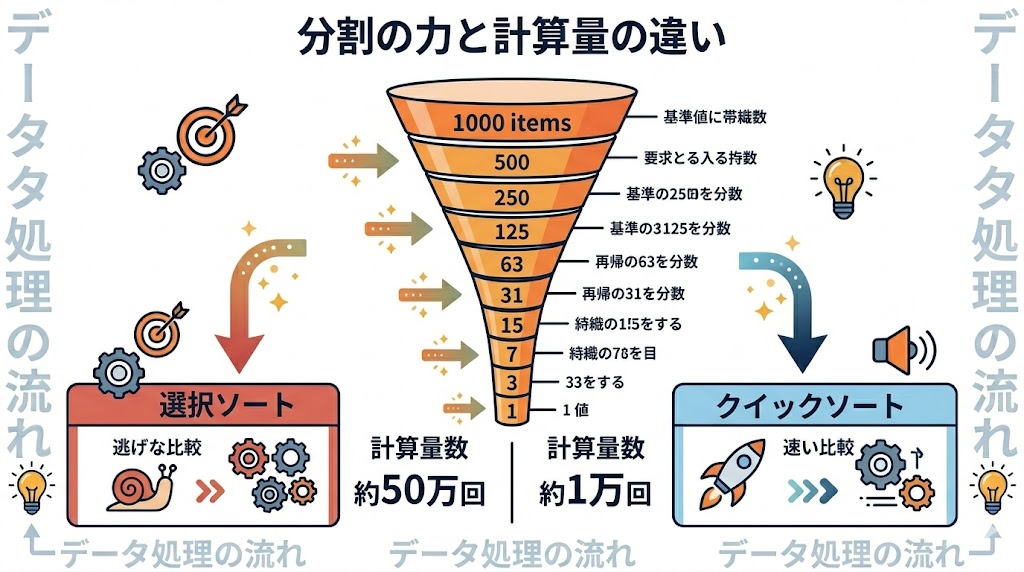 1000を10回分割すると1になる「逆転の指数関数」とソートの計算回数比較図