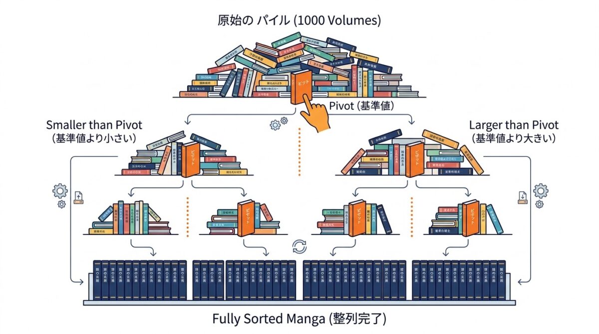 クイックソートの分割統治プロセス:基準値で左右に分けて再帰的に整列する図解