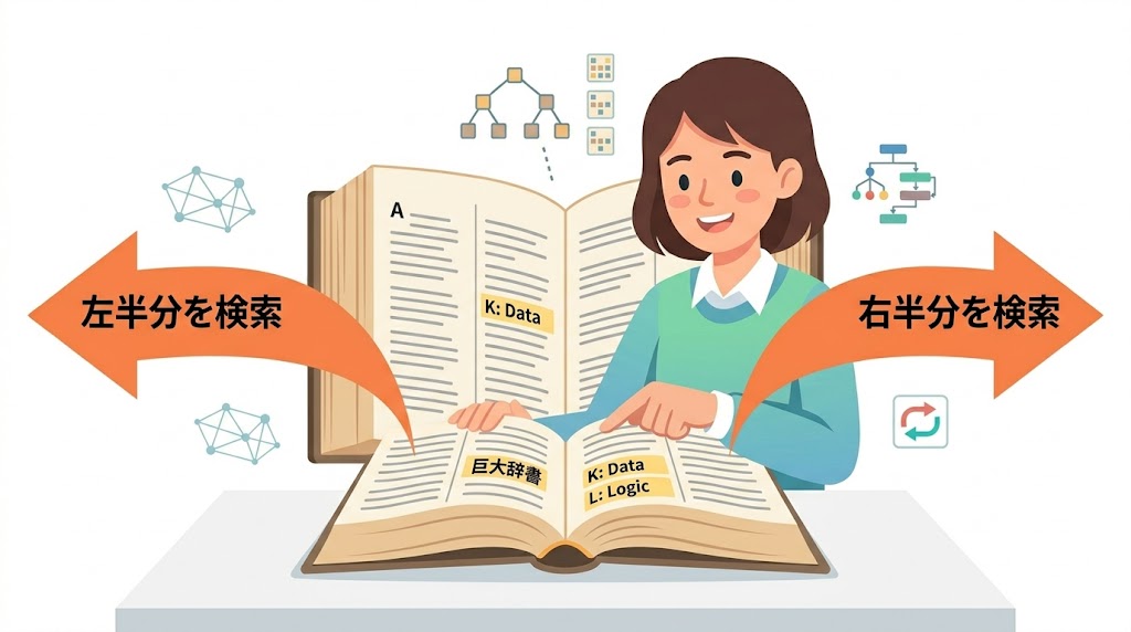 辞書を真ん中から開いて二分探索する人のイラスト
