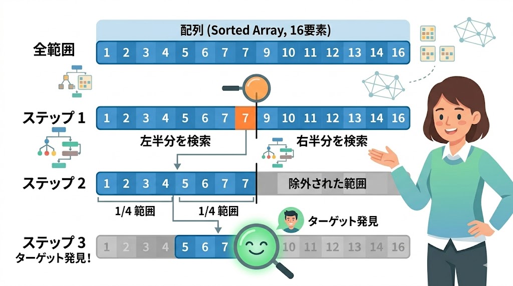 二分探索で探索範囲が半分ずつ絞られるステップ図
