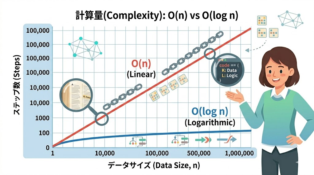 O(n)とO(log n)の処理ステップ数を比較したグラフ
