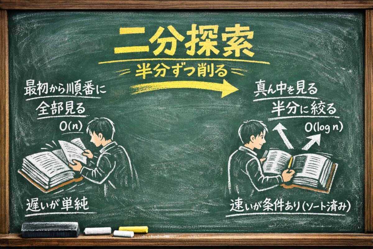 二分探索とは？巨大な辞書で真ん中から探す仕組みを解説