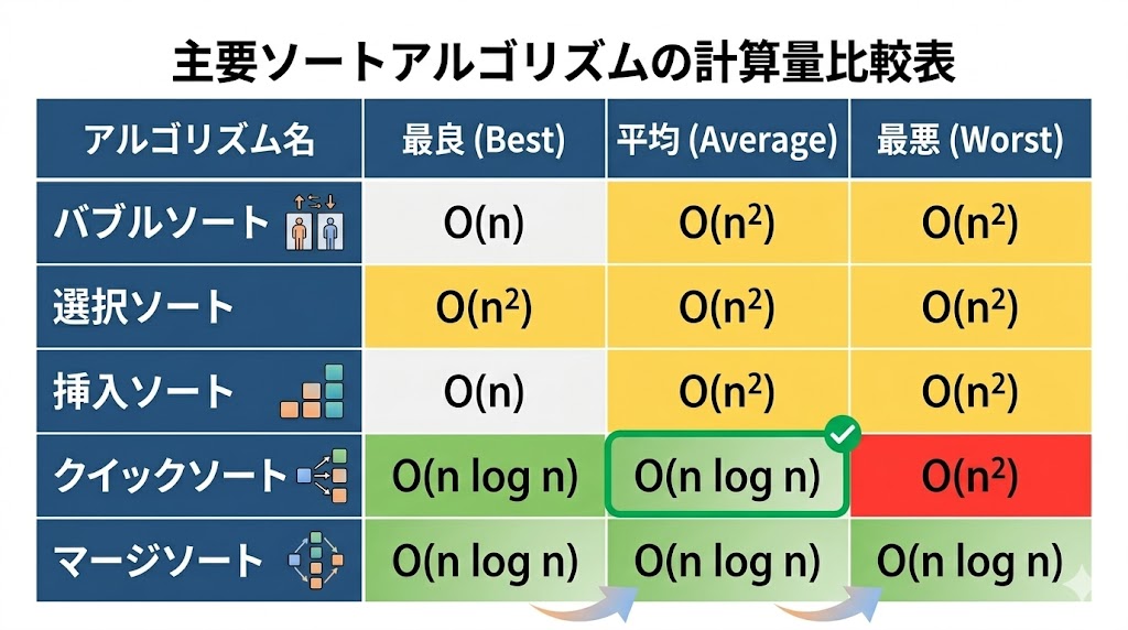 主要ソートアルゴリズムの計算量比較表
